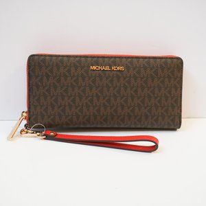 Michael Kors Jet Set Travel Continental Wallet MK Brown Red(Flame)